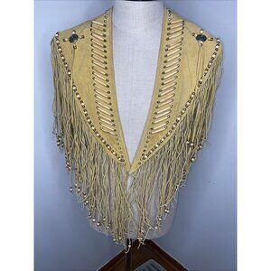 Cripple Creek Shawl Vest Western Leather Studded Bead Fringe Capelet Poncho OS